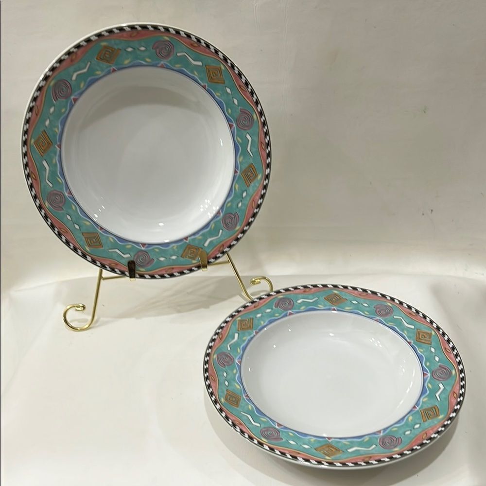 Christopher Stuart Laguna Jenny Faw White Blue Black Gold Dinnerware Bowls Set 2